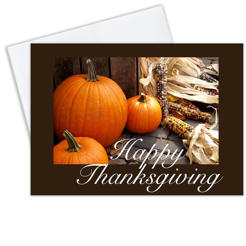 CEO Cards Thanksgiving Cards for Business & Family (Pumpkins & Corn) Greeting Card Set Pack of 25 Thanksgiving Cards with Envelopes (5x7 inch - A7) Great for Office, Work, Employees & Clients TH1511 - Image 1